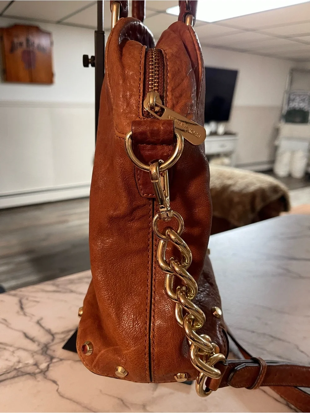 Michael Kors Cognac Leather Studded Shoulder Satchel